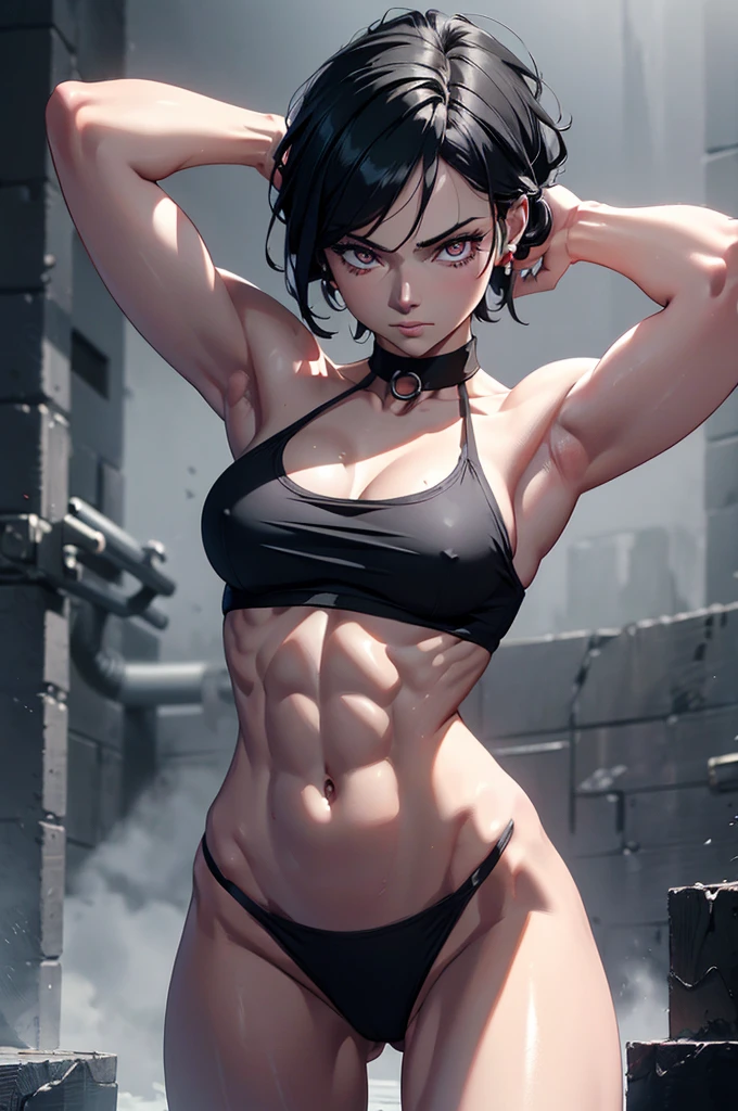 a muscular woman,six pack abs, ripped body, female, naked, full body, standing, armpit (best quality,4k,8k,highres,masterpiece:1.2),ultra-detailed,(realistic,photorealistic,photo-realistic:1.37),intricate details,highly detailed face and eyes,extremely detailed skin and muscles,detailed sarada uchiha character,hyper detailed and realistic,dark fantasy,dramatic lighting,cinematic composition