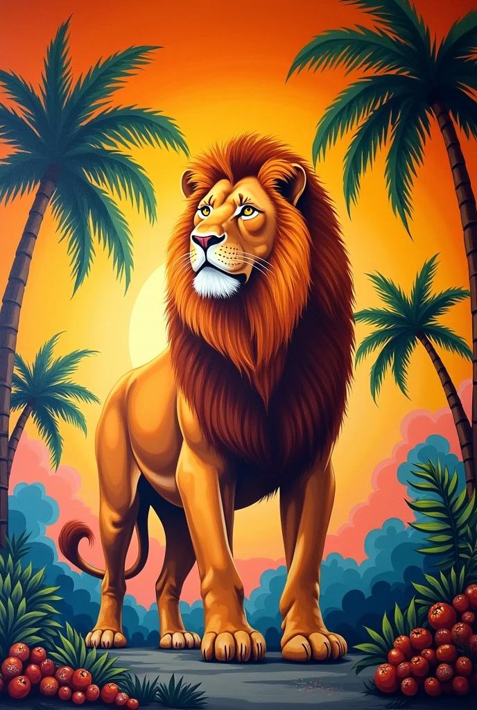 Create a lion mural with a warm sunset, palm trees and educational objects. Add all school subjects