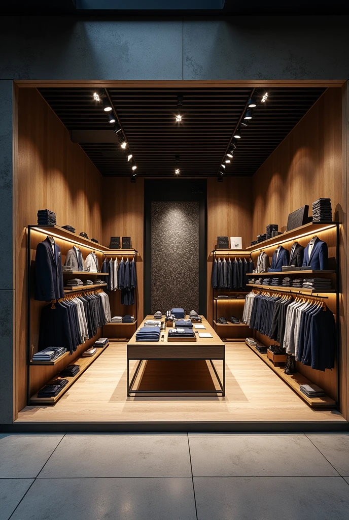 A 12 feet *12 Feet square shaped shop specialised in mens garments shop named Aryans Fashion with interior and place to display product to the customer with false sealing and outer view
