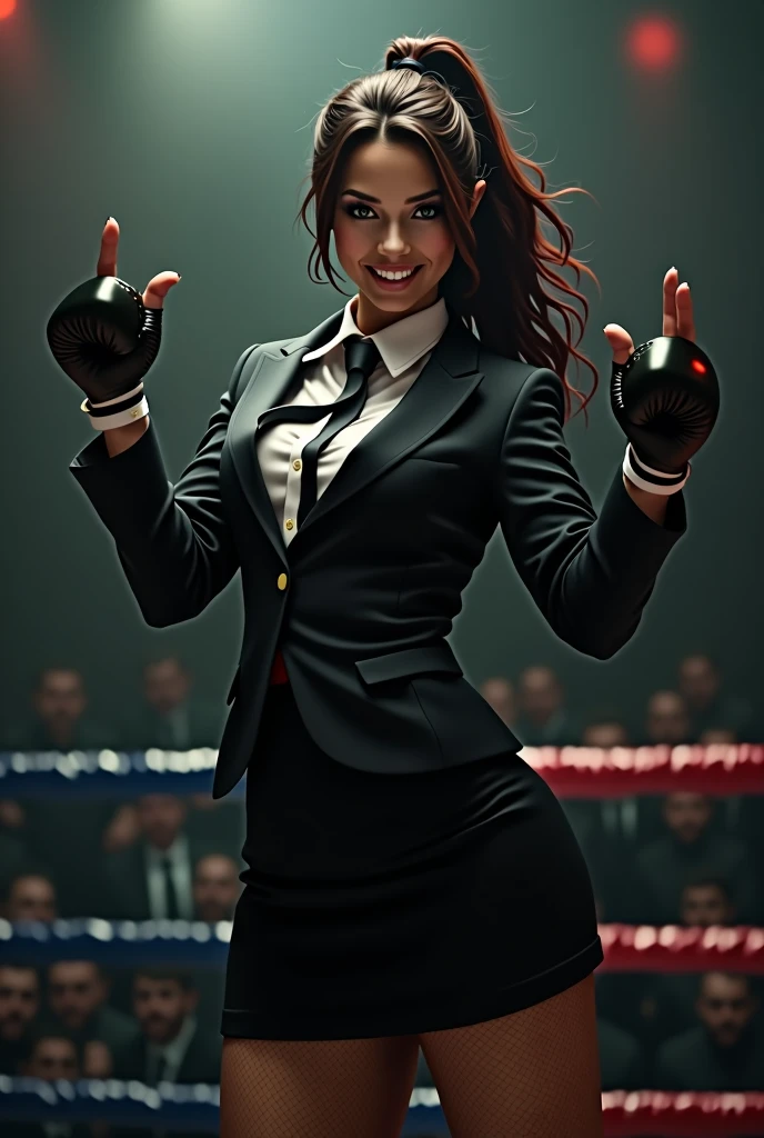 Female wearing suit and tie intense fighting in boxing ring, black suit, (three-piece suit), skirt suit, necktie, bodycon miniskirt, pantyhose, waistcoat, dynamic lighting, in the dark, deep shadow, low key, cowboy shot full-lenght body,fight stance, taunting, winning pose, preppy style, powerfull fight stance, focus, she win the fight pose, professional fighter fight stance, domination fight, avoiding punch from enemy while taunting, preppy fight style, laughing to the enemy, pointing to the camera, hands up professional fighter, hand touching her necktie to tease opponent, looking at viewer from below