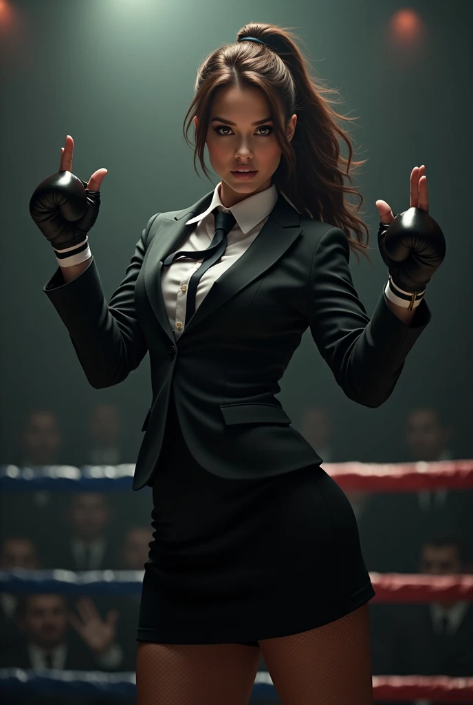 Female wearing suit and tie intense fighting in boxing ring, black suit, (three-piece suit), skirt suit, necktie, bodycon miniskirt, pantyhose, waistcoat, dynamic lighting, in the dark, deep shadow, low key, cowboy shot full-lenght body,fight stance, taunting, winning pose, preppy style, powerfull fight stance, focus, she win the fight pose, professional fighter fight stance, domination fight, avoiding punch from enemy while taunting, preppy fight style, laughing to the enemy, pointing to the camera, hands up professional fighter, hand touching her necktie to tease opponent, looking at viewer from below