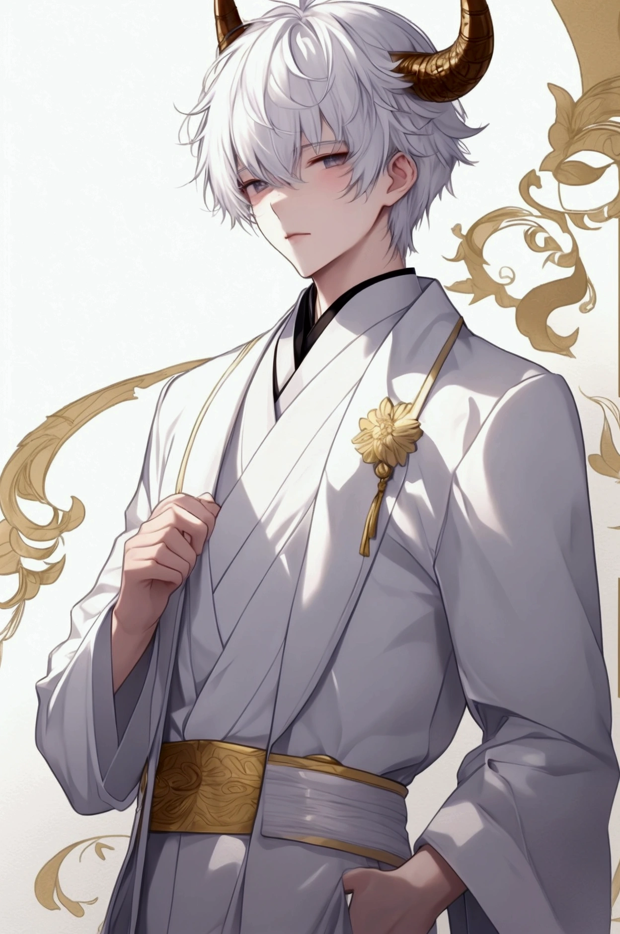 White haired Asian male，Short horns on the head，Wearing a white sports suit，Delicate boy face，20 years old，