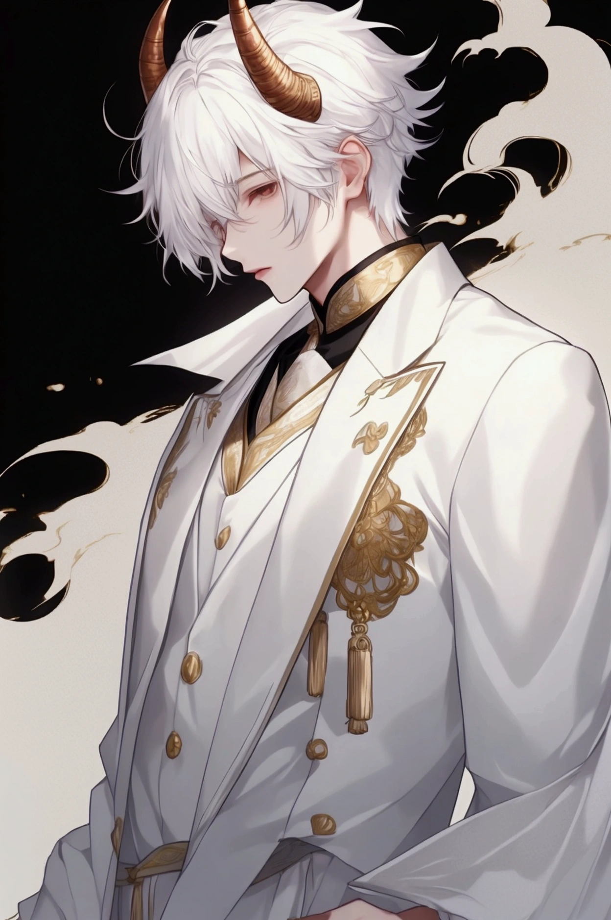 White haired Asian male,Short horns on the head,Wearing a white sports suit,Delicate boy face,20 years old,