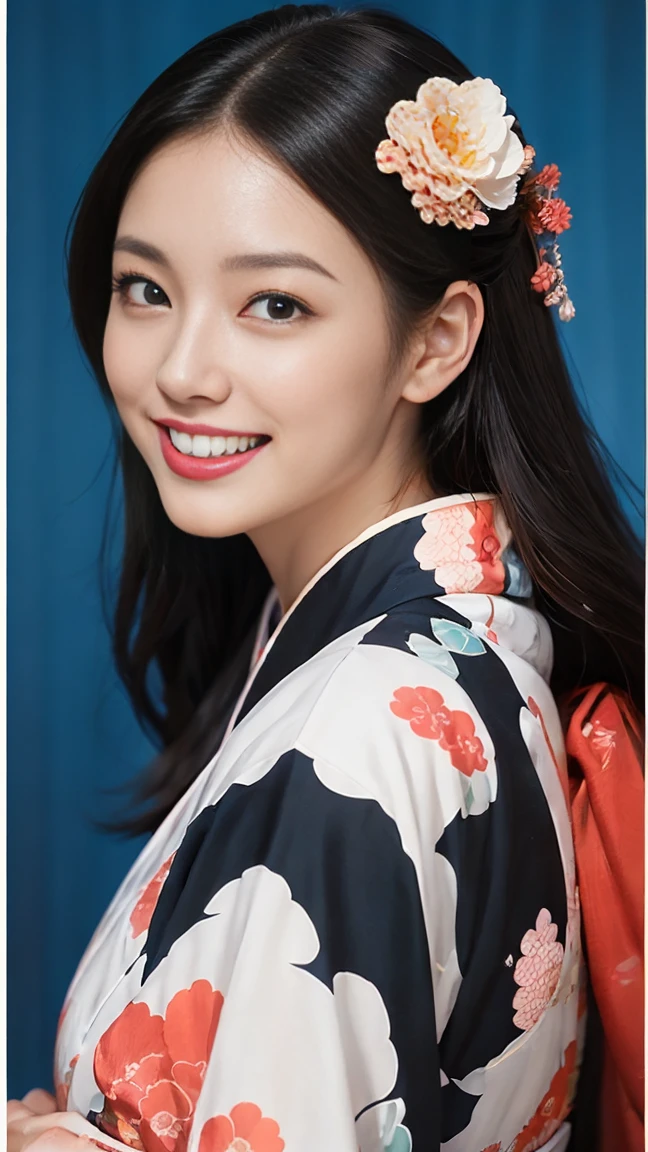 (SeaArt creates stunning illustrations of beautiful women in kimono)、Vividly colored Japanese Ukiyo-e style illustrations、A beautiful woman smiles and shows her upper white teeth、Brown-black long hair、Beautiful full body style、If you want to dance, let's dance, Tokyo Ondo, Yoi Yoi、Beautiful new digital paintings,、Bright vibrant digital anime art、 Beautiful anime portraits、background,Torii gate front of Japanese shrine、 Detailed digital anime art