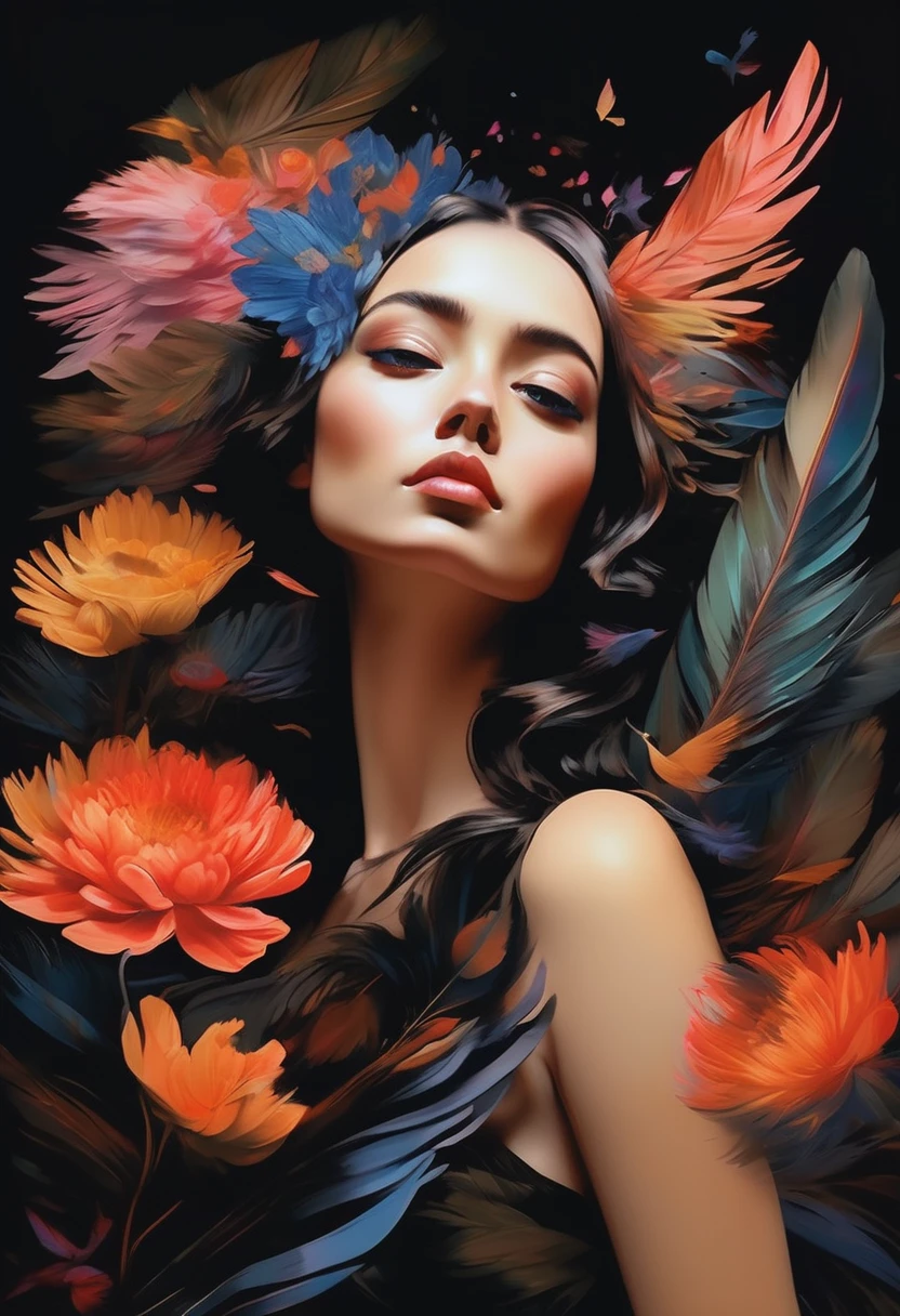 (Sensual illustration chiaroscuro), Illustration art, By Irina Kapi. Surrealism, Vintage Abstraction,  (Girl with black wings), (少女が飛んでいるPainting:1.2), Esbian all over body、Woman with black feathers, Big feather、Flying like a bird、Colorful flower garden background、Highest quality, masterpiece, Ultra high definition、Painting, Concept Art, Emotional, Atmospheric, Romantic aesthetics, Represents transformation and the ability to see beyond the surface、Ultra high definition、(deep, Delicate colors) paint (draw) 、最高masterpiece、Highest quality、