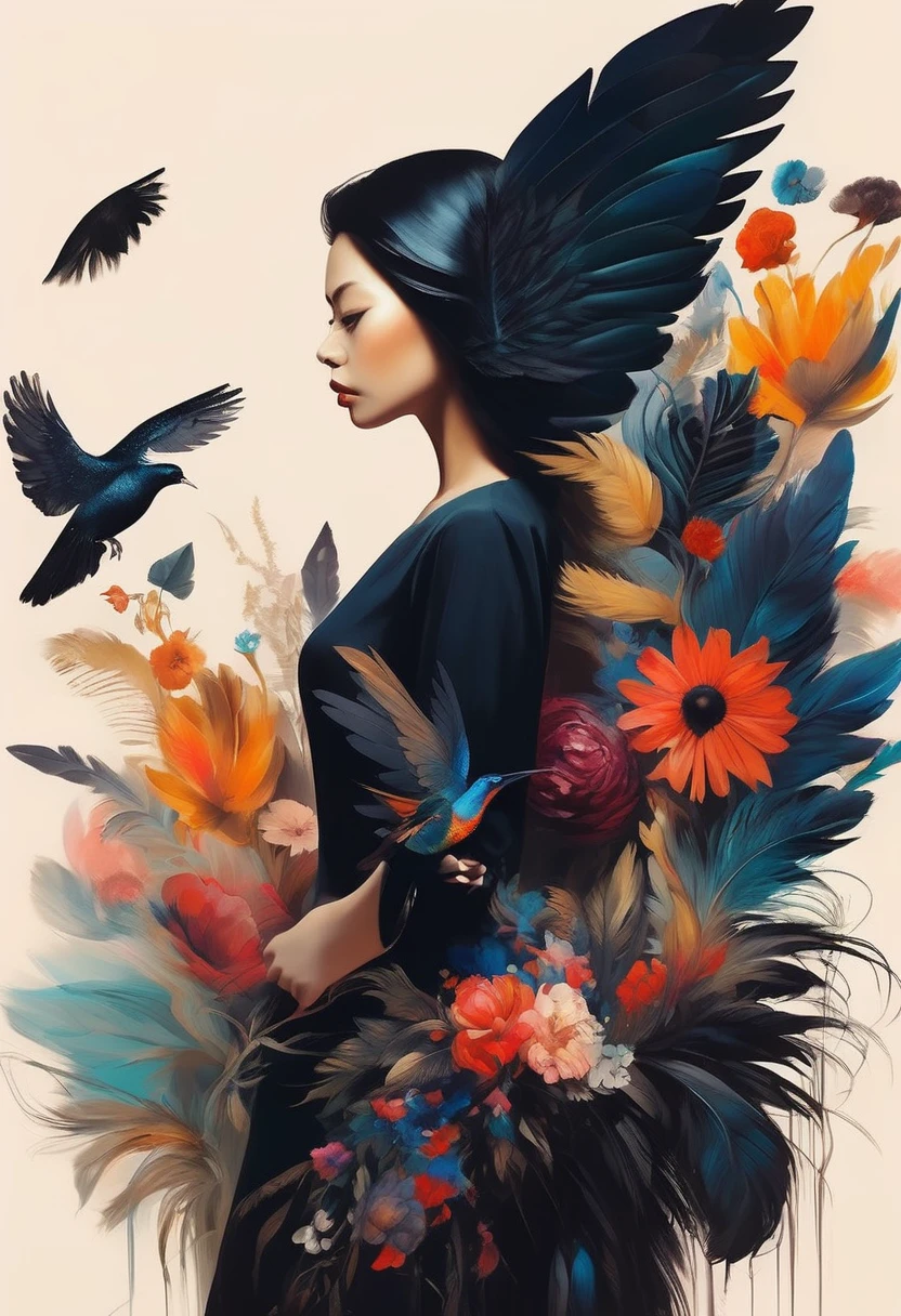 (Sensual illustration chiaroscuro), Illustration art, By Irina Kapi. Surrealism, Vintage Abstraction,  (Girl with black wings), (少女が飛んでいるPainting:1.2), Esbian all over body、Woman with black feathers, Big feather、Flying like a bird、Colorful flower garden background、Highest quality, masterpiece, Ultra high definition、Painting, Concept Art, Emotional, Atmospheric, Romantic aesthetics, Represents transformation and the ability to see beyond the surface、Ultra high definition、(deep, Delicate colors) paint (draw) 、最高masterpiece、Highest quality、