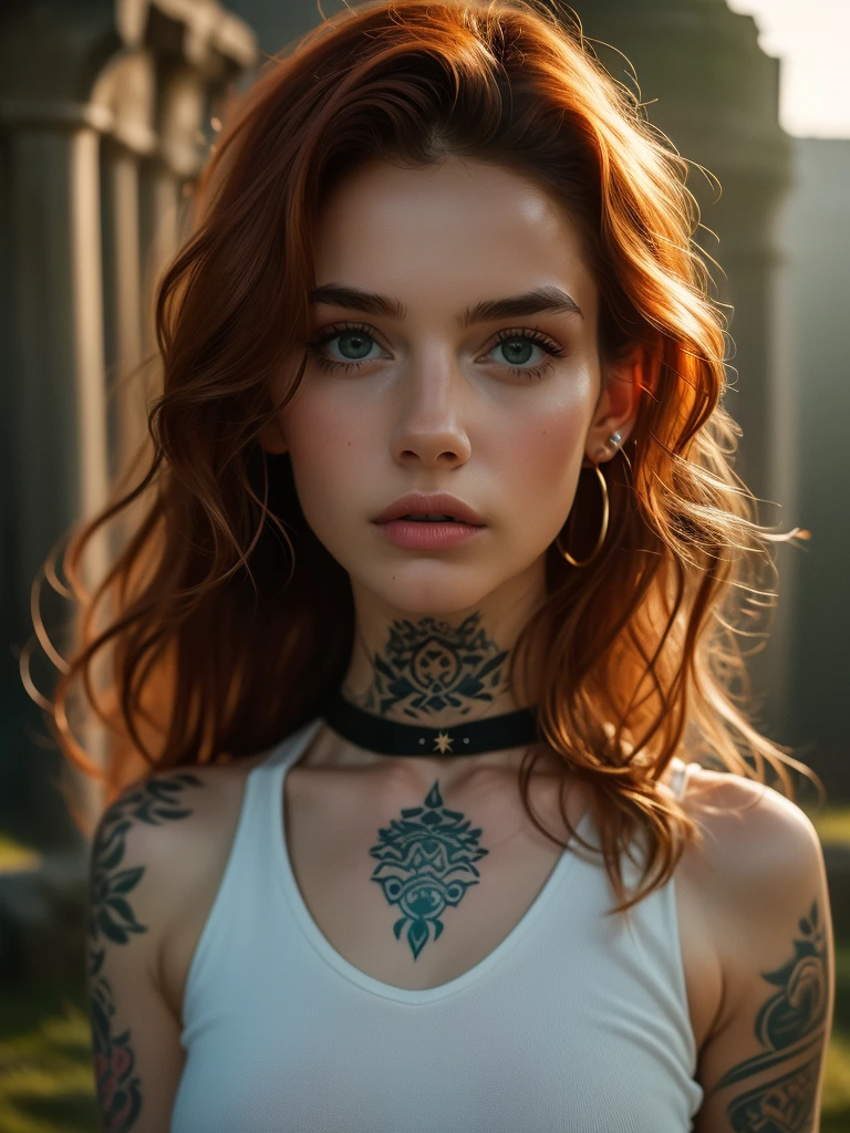 absurdres, foto RAW, mais alta qualidade, (obra-prima: 1.3), foto de cor RAW de alto detalhe, foto profissional, unidade de papel de parede CG 8k extremamente detalhada, foto-realista, realista, foto RAW, obra-prima, melhor qualidade, highres, illustration, 1girl, 16 ANOS, baixinha, tiny girl, magra, branca, ruiva, cabelo vermelho, cabelo ruivo com cachos, cabelo ondulado, curly hair, Average length, cabelo preso, pernas finas, rosto lindo perfeito com sardas, cardune lips, belos olhos realistas, olho direito verde, olho esquerdo azul, heterocromia, pale skin, textura de pele detalhada, seios planos, seios muito pequenos e naturais, bunda pequena. Rosas vermelhas tatuadas nos ombros, tattoos of pagan symbols on the forearms and hands. Corpo magro, esguio. Ruiva. Sorriso. Suada. Fazendo sexo oral. sucking a nipple. Deitada de pernas abertas, sem calcinha. Estilo bruxa. Pagan style, Celtic, wiccan. Escocesa. She looks amazing. (colar com pingente de pentagrama, design detalhado), cama, goth bedroom, noite.