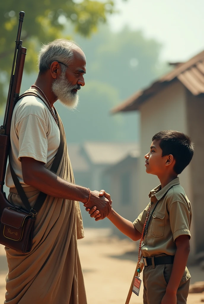A bengali freedom fighter wearing a lungi and a white tshirt with a rifle on his back shaking hand with a student of same height with a id card on his neck. Please add a stick on the Student hand. The Context of the picture will be a freedom fighter is shacking his hand with a new fighter of Bangladesh. And please reminder that the freedom fighter must look like a Bengali adult man