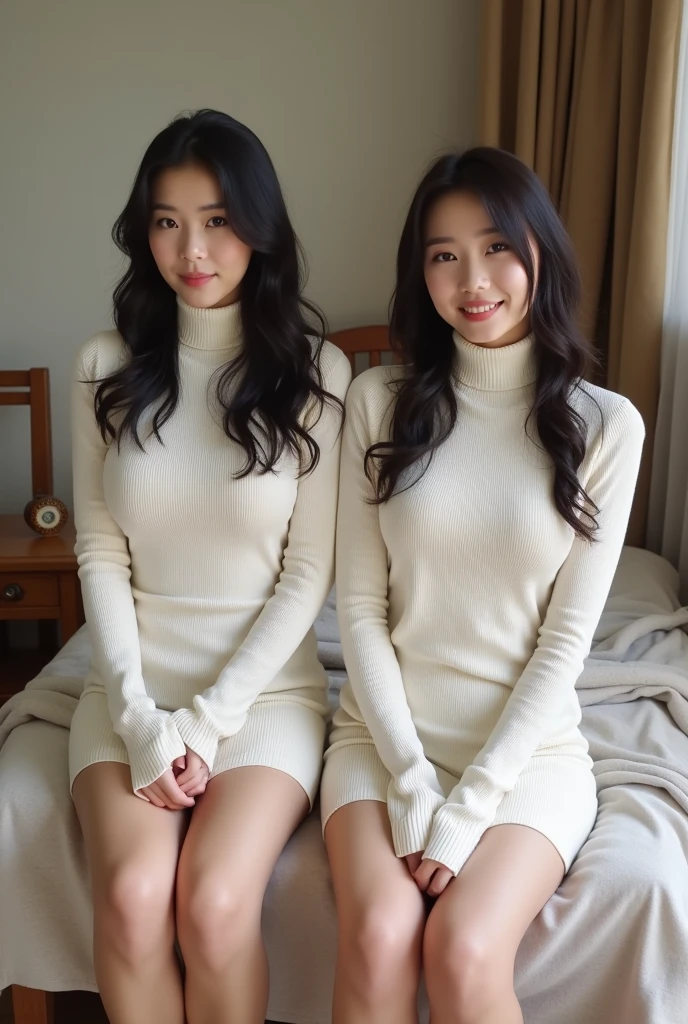 photo of a playful cute asian teen submissive wife messy long hair thrown into a messy bun ponytail. She wears: (turtleneck high ribbed bright tight white sweater:1.1), submissive seductive pose, high tight ribbed neck, seductive smile, perfect fake tits, turtleneck top