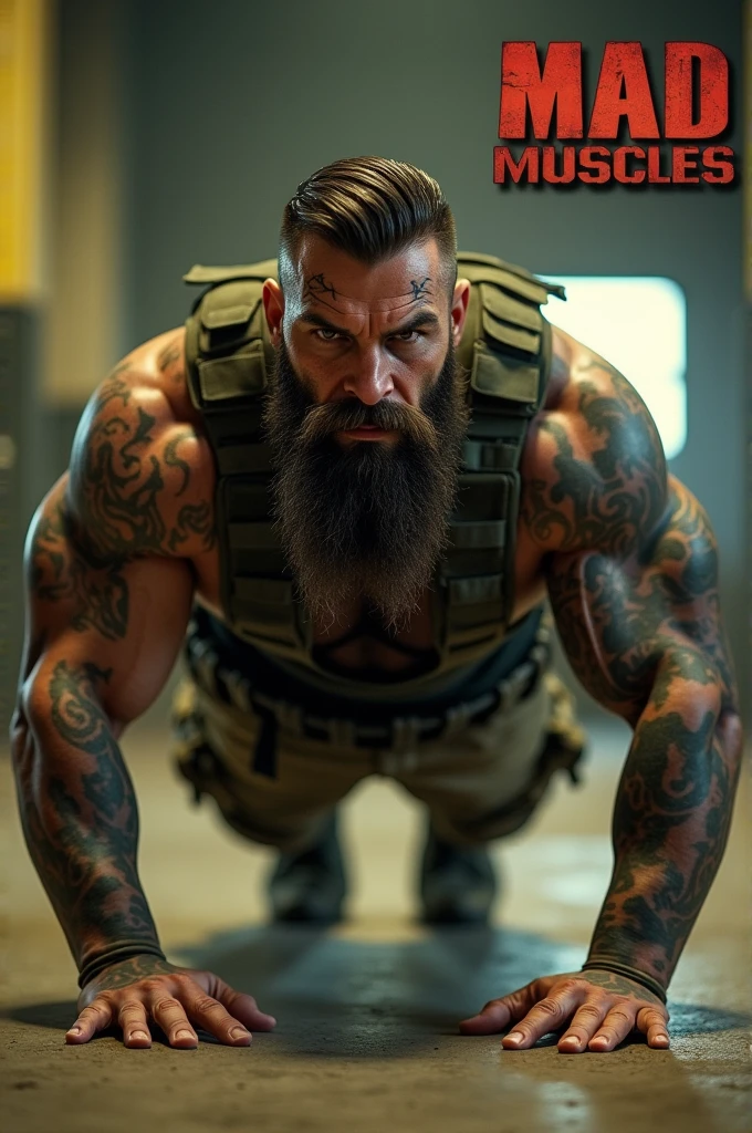 
"A muscular soldier with a full beard is performing a push-up in an intense military training environment. He has large, intricate tattoos on his face, arms, and chest, including bold designs around his eyes. The soldier is dressed in camouflage military gear, wearing a tactical vest. The background is a gritty industrial setting, likely an abandoned warehouse, with blurred details and a yellowish tint from the lighting. The scene emphasizes strength, focus, and determination. The 'Mad Muscles' logo is visible in the top right corner of the image."