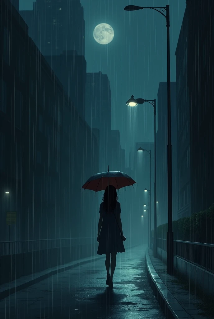 Dark night a girl walking alone on the street and on upside umbrella and rain with horizantol mode prompt me 10 picture