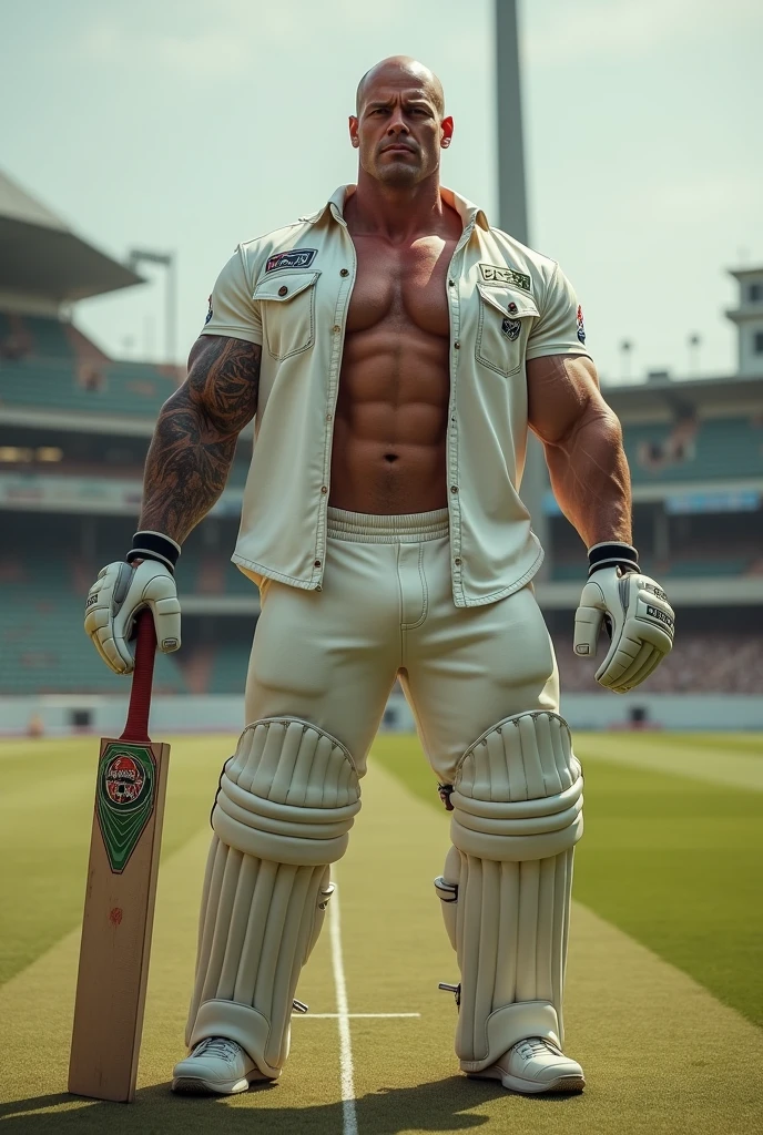 Big body builder bald white men 6 feet tall men  wearing unbuttoned white double pocket denim shirt with logos on cricket pitch bat in hand 
