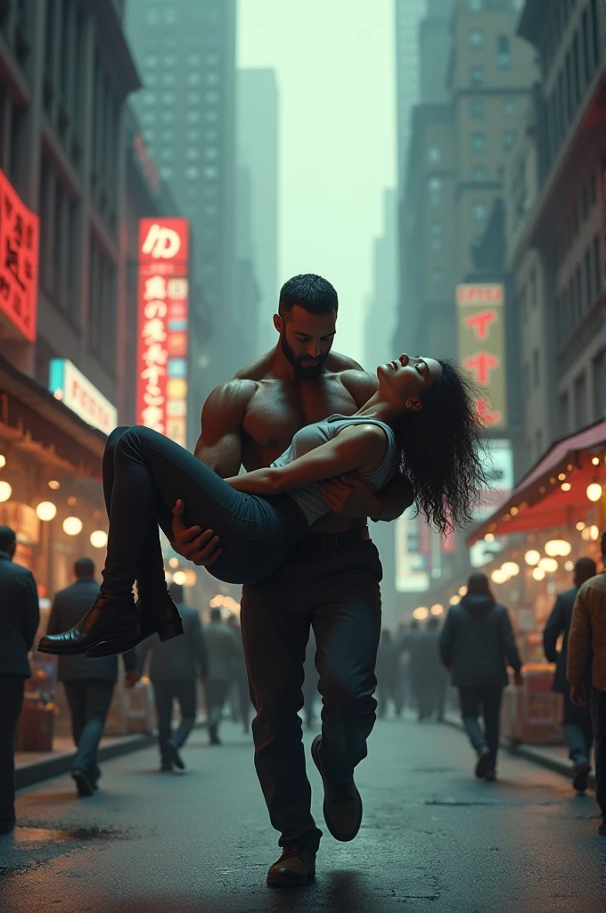a man carrying a fainting woman in a crowded city scene