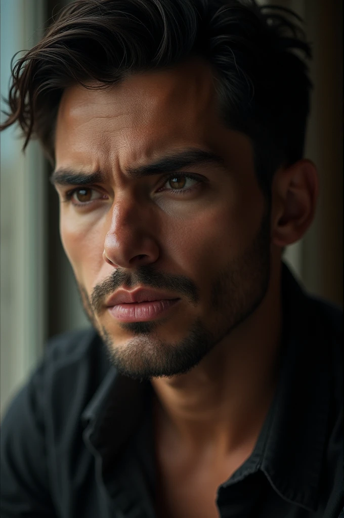 Sexy brunette man thinking about the woman he loves the most in the world 