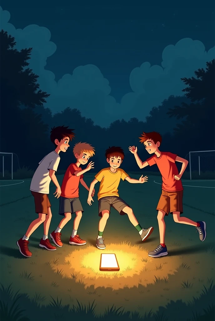 Five teenage boys on a village football field dancing around a switched on flashlight on a phone lying on the ground at night with a football goal in the background