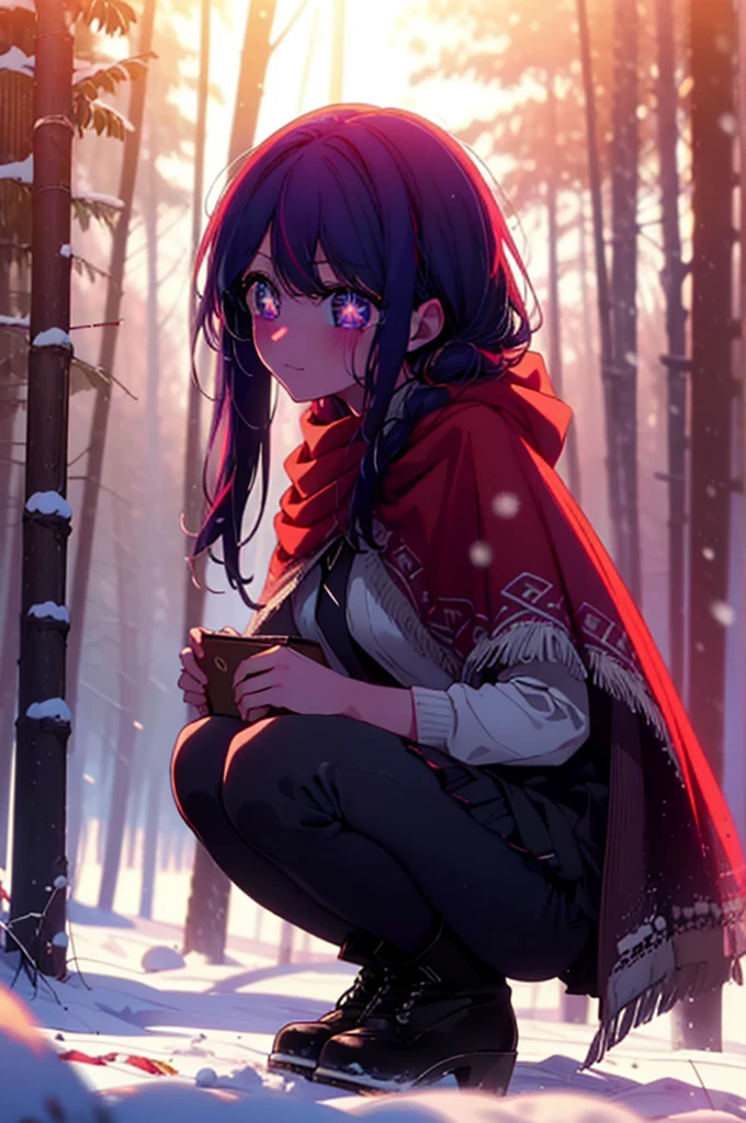 aihoshino, Ai Hoshino, Long Hair, bangs, (Purple eyes:1.1), Purple Hair, (Symbol-shaped pupil:1.5), smile,,smile,blush,white breath,
Open your mouth,snow,Ground bonfire, Outdoor, boots, snowing, From the side, wood, suitcase, Cape, Blurred, , forest, White handbag, nature, Squat, Mouth closed, Cape, winter, Written boundary depth, Black shoes, red Cape break looking at viewer, Upper Body, whole body, break Outdoor, forest, nature, break (masterpiece:1.2), Highest quality, High resolution, unity 8k wallpaper, (shape:0.8), (Beautiful and beautiful eyes:1.6), Highly detailed face, Perfect lighting, Highly detailed CG, (Perfect hands, Perfect Anatomy),