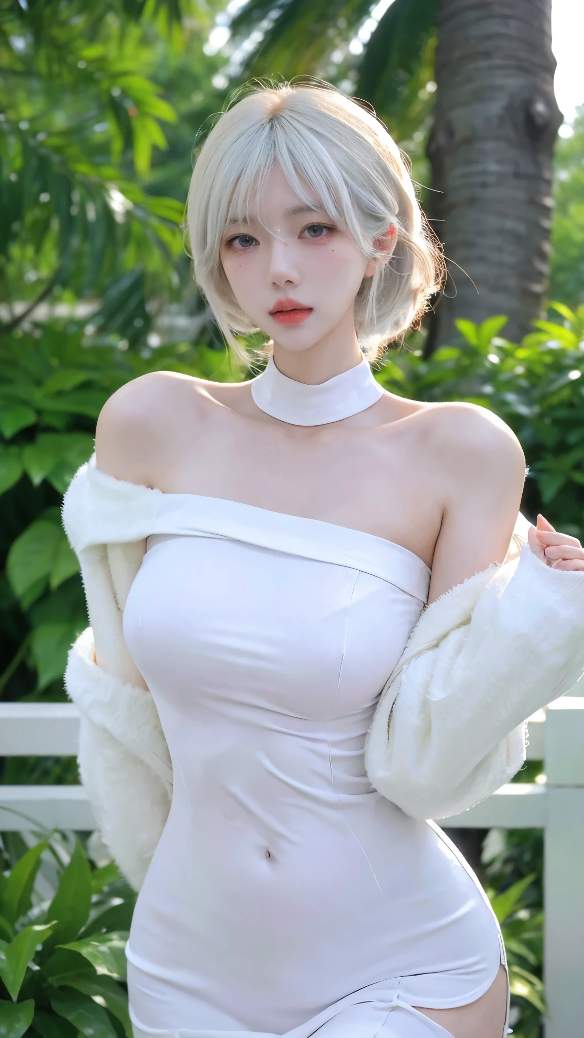 Beautiful woman with perfect figure:1.4,4K,Supermarket background,Big Breasts,cute,Ultra-high resolution,Seductive laughter,White legs,(Lifelike:1.4),Layered hairstyle,White skin,Dress outfit,whole body,Very delicate face and skin texture,Double eyelids,Skin Whitening,White hair,