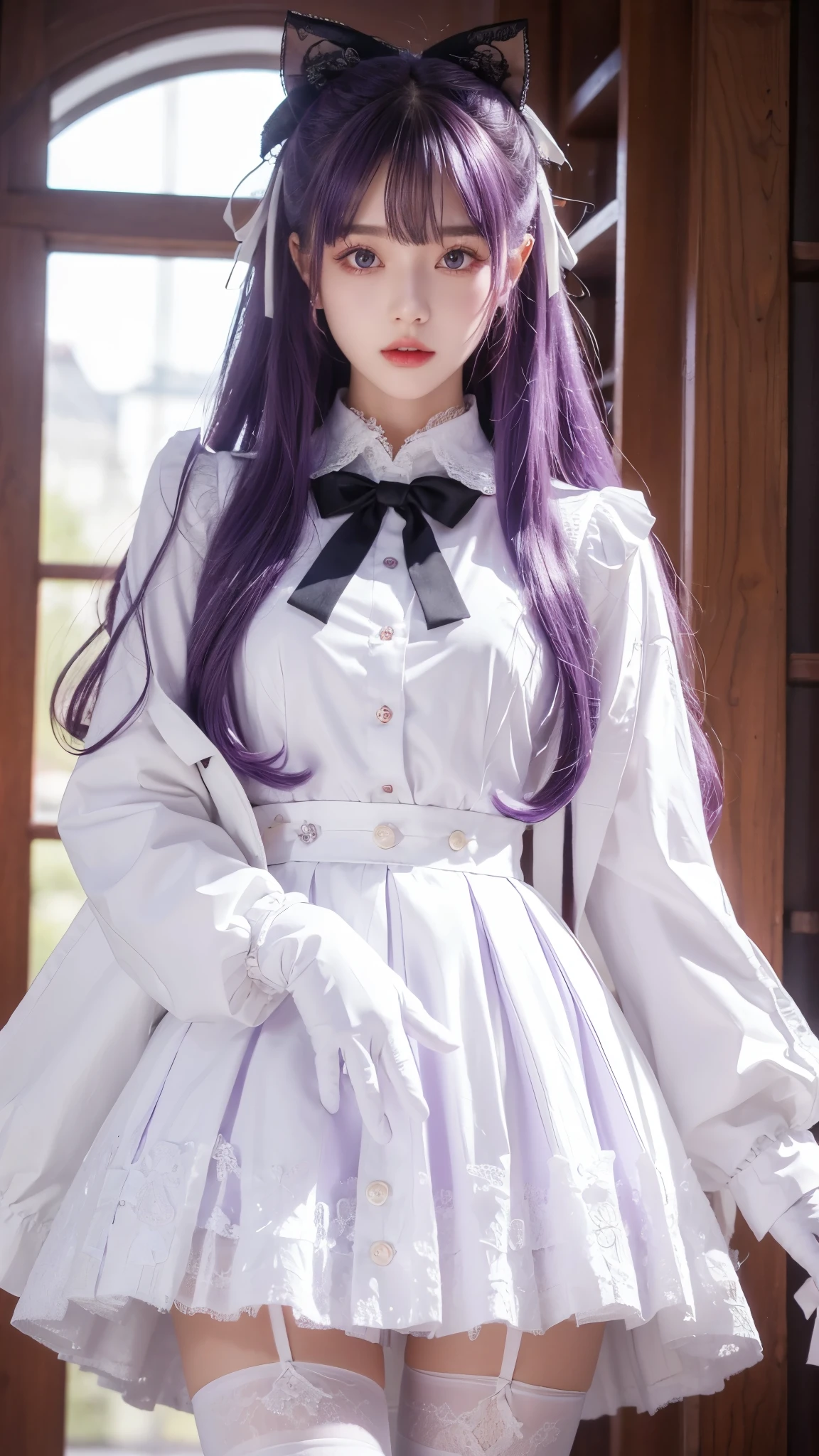 looking down, Calm face BBBase, purple eyes, long hair, purple hair, hair ribbon, neck ribbon, red ribbon, white shirt, black skirt, high-waist skirt, white gloves, black thighhighs, lace-trimmed legwear, black coat, popped collar,