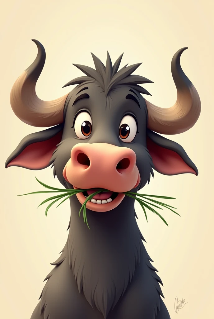 vector image illustration of an animated model, the face of a buffalo smiling while eating grass, the image of the buffalo looks clean and smooth.