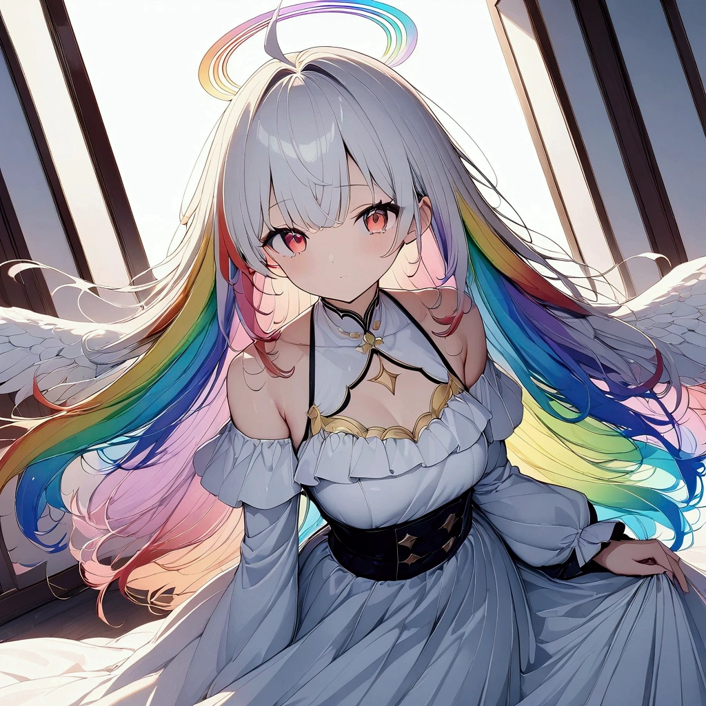 (((anime))) One Woman,mirrorの中にいる,An angel looking at me,Large iridescent feathers,Long Hair,(Rainbow Hair),Bangs parted in the center,Inside the hair,Lightる,Angel Halo,Red eyes,Big eyes, white camisole,Volume sleeve,Long skirt,Black boots,mirror,豪華なmirror,mirrorは壁についている,Light,Backlight,masterpiece,Highest quality,Exquisite,8k,Absurd,Ultra-fine illustrations,