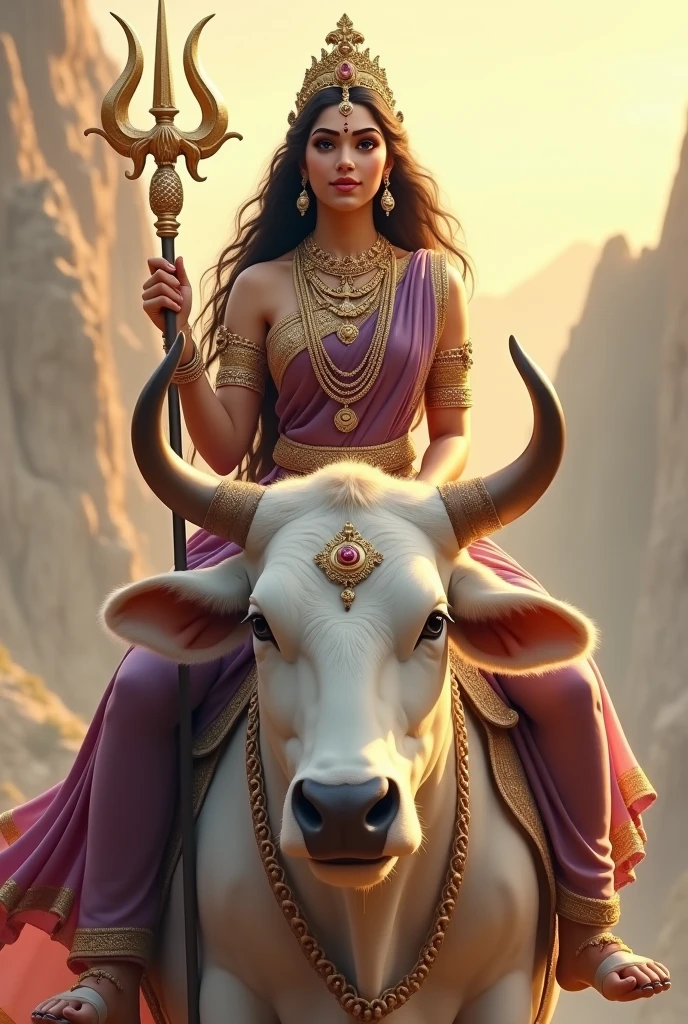 "Create an ultra-realistic image of Goddess Shailaputri, depicted in her full divine glory as she rides an enormous, pure white cow. Her skin should glow with a radiant golden hue, symbolizing her purity and celestial nature. Her face should be exquisitely beautiful, with large, compassionate eyes filled with wisdom and serenity, and a gentle, motherly smile that exudes grace and nurturing care. Her long, dark hair should be styled elegantly, adorned with flowers or a simple crown that complements her divine presence.

Goddess Shailaputri should be dressed in a richly detailed saree in earthy tones like purple, symbolizing her connection to the mountains and the earth. The saree should be intricately embroidered with gold patterns and divine symbols, emphasizing her regal and divine status. Her jewelry should be luxurious and elaborate, including necklaces, bangles, and earrings that shimmer with divine light, enhancing her majestic appearance.                                             holding large big beautiful designed trident (trishul).
The cow she is riding should be depicted as extremely large and pure white, symbolizing purity, peace, and strength. The cow's serene and calm expression should enhance its majestic presence. The background should feature a serene, mountainous landscape bathed in soft, golden light, creating a peaceful and divine atmosphere. The overall image should capture the essence of Goddess Shailaputri’s beauty, strength, and divine connection to nature, presented in a highly realistic and detailed manner."