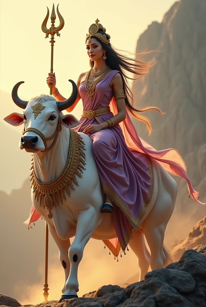 "Create an ultra-realistic image of Goddess Shailaputri, depicted in her full divine glory as she rides an enormous, pure white cow. Her skin should glow with a radiant golden hue, symbolizing her purity and celestial nature. Her face should be exquisitely beautiful, with large, compassionate eyes filled with wisdom and serenity, and a gentle, motherly smile that exudes grace and nurturing care. Her long, dark hair should be styled elegantly, adorned with flowers or a simple crown that complements her divine presence.
Goddess Shailaputri should be dressed in a richly detailed saree in earthy tones like purple, symbolizing her connection to the mountains and the earth. The saree should be intricately embroidered with gold patterns and divine symbols, emphasizing her regal and divine status. Her jewelry should be luxurious and elaborate, including necklaces, bangles, and earrings that shimmer with divine light, enhancing her majestic appearance. holding large big beautiful designed trident (trishul).
The cow she is riding should be depicted as extremely large and pure white, symbolizing purity, peace, and strength. The cow's serene and calm expression should enhance its majestic presence. The background should feature a serene, mountainous landscape bathed in soft, golden light, creating a peaceful and divine atmosphere. The overall image should capture the essence of Goddess Shailaputri’s beauty, strength, and divine connection to nature, presented in a highly realistic and detailed manner."