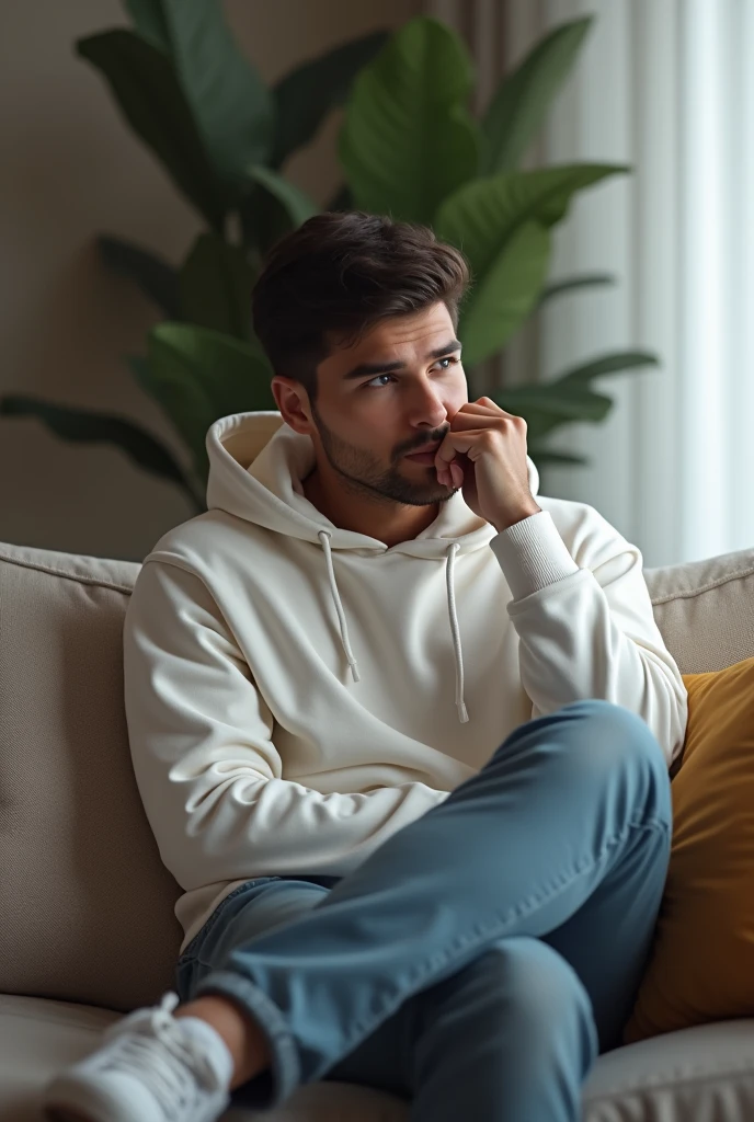 A man who set on the sofa and wear white hoodie with another pose