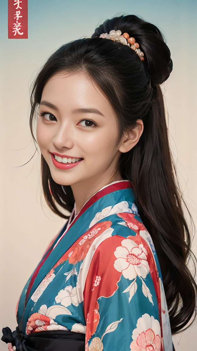 (SeaArt creates stunning illustrations of beautiful women in kimono)、Vividly colored Japanese Ukiyo-e style illustrations、A beautiful woman smiles and shows her upper white teeth、Brown-black long hair、Beautiful full body style、If you want to dance, let's dance, Tokyo Ondo, Yoi Yoi、Beautiful new digital paintings,、Bright vibrant digital anime art、 Beautiful anime portraits、background,Torii gate front of Japanese shrine、 Detailed digital anime art