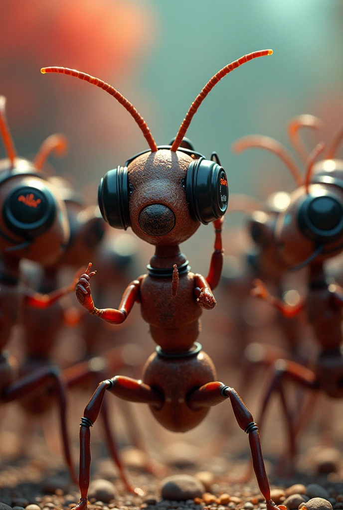 Ants using headphones and karaoke microphones with Albenz written on them