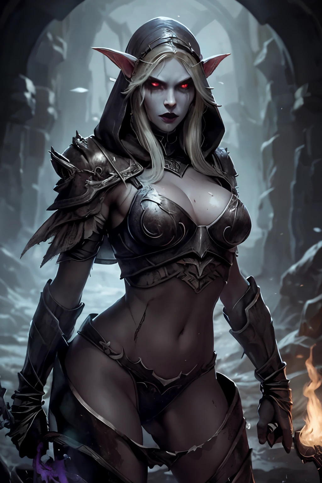 (HDR, 8k, masterpiece, intricate details), (((savage grace, beautiful elegant violence))), dancer of the boreal valley snow, prowling lithe long limbs, crawling slender knight, helm, weapons, highly detailed armor, glossy metal, metallic refraction, unsettling fluid movements, gossamer sheer fabric, see-through delicate veil, dark souls, bonfire, elf, Sylvanas Windrunner, long hair, silver hair, large breasts, looking at viewer, red eyes, cleavage, large breasts, white hair, choker, hood, cape, pointed ears, armor, lips, shiny, colored skin, goblin, blue skin, arrow, bikini armor, shoulder pads, undead, violet skin color. prowling slender lithe , mirror shine, ethereal lighting, wlop, obsidian armor, flaming blade, icy sword, holding weapons, unnaturally long limbs, ghostly wisps, liquid shimmer,