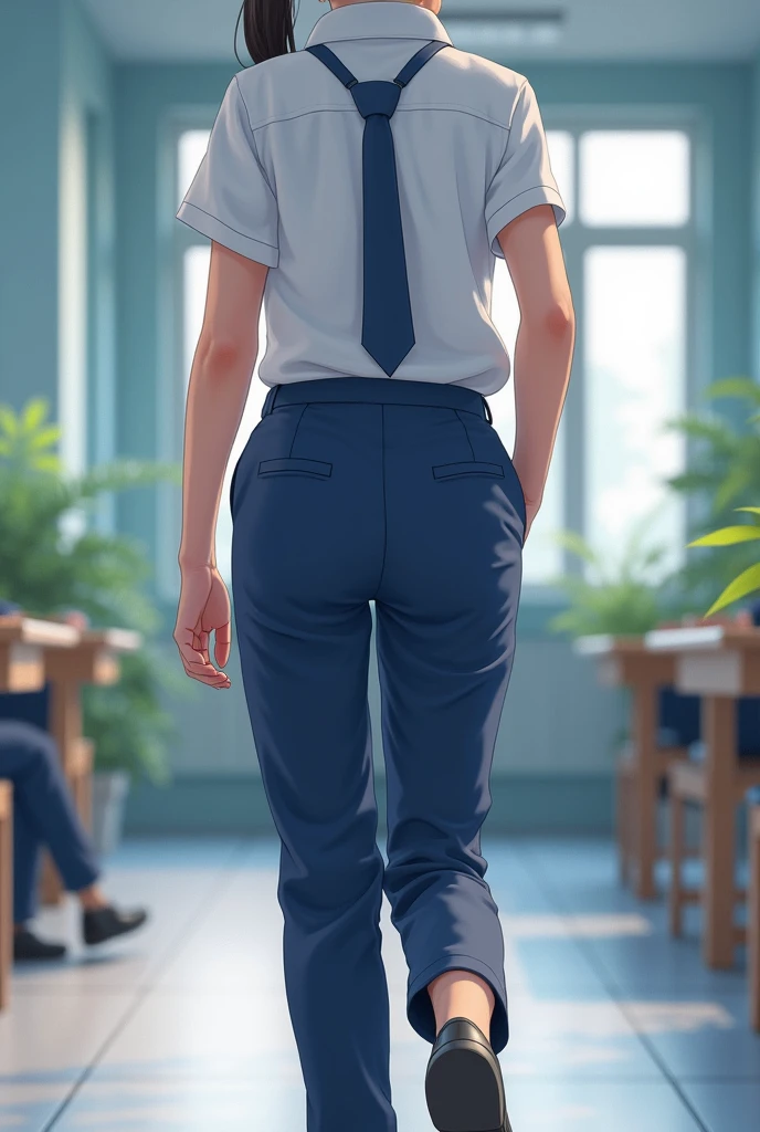 School uniform (short blue elaastik pant,white shirt and tie)
Weared student's backside