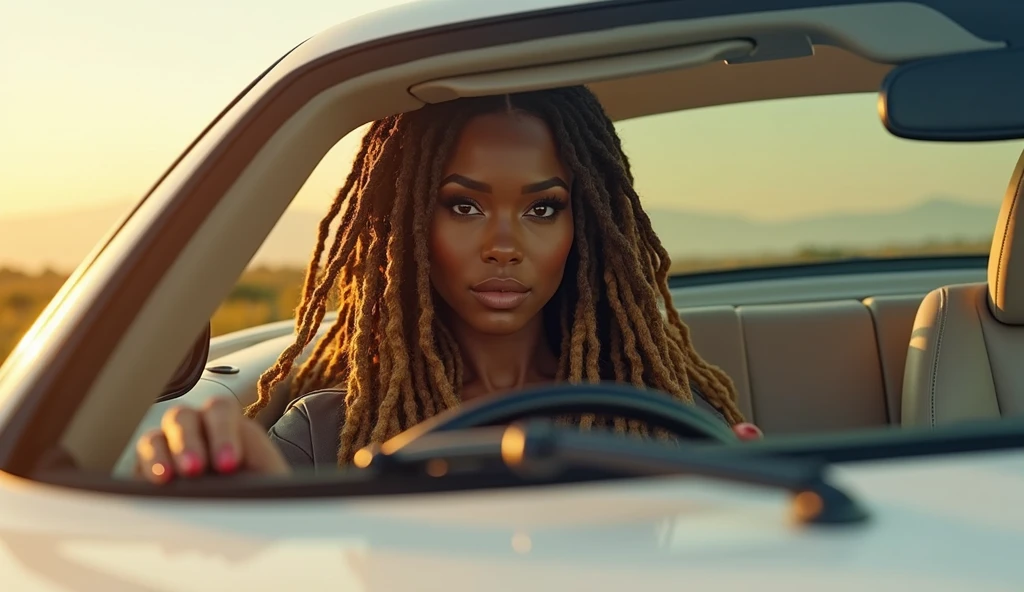 A stunningly beautiful dark skinned African American woman with long brown dreadlocks with highlights on the ends Driving a pearl white, sparkly Mercedes Benz on a beautiful summers day, looking at the camera in a sexy & sensual gaze, realistic, photorealistic