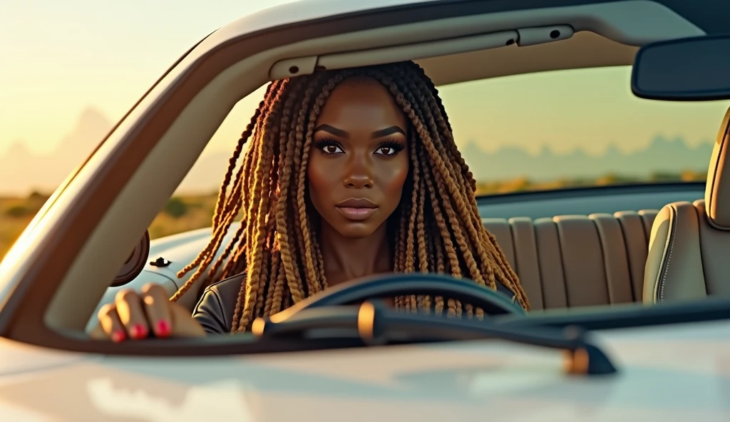 A stunningly beautiful dark skinned African American woman with long brown dreadlocks with highlights on the ends Driving a pearl white, sparkly Mercedes Benz on a beautiful summers day, looking at the camera in a sexy & sensual gaze, realistic, photorealistic