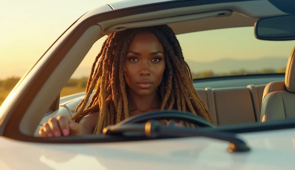 A stunningly beautiful dark skinned African American woman with long brown dreadlocks with highlights on the ends Driving a pearl white, sparkly Mercedes Benz on a beautiful summers day, looking at the camera in a sexy & sensual gaze, realistic, photorealistic