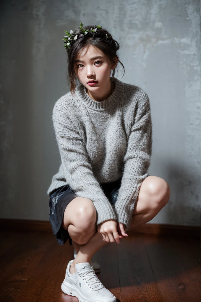 (High quality photo:1.5), 1woman, a 25y very pretty hongkong woman with (cool expression:1.2), (wearing a beauty floral crown:1.2), (sexy:1.3),sitting on the wood stool, (open legs:1.2), wearing sweater and skirt, (((sneakers))), (chubby:0.8), (perfect hairstyle:1.4), (natural face:1.2), natural warm soft light, (indoor:1.2), (dynamic pose:1.2), facing camera, (abstract paint art wall background:1.4), (still life fashion photography:1.5), (dark moody:1.3), dramatic, real moment, real object, (ultra highly detailed:1.5), (ultra realistic:1.5), detailed face and eyes, (real skin:1.3), (dynamic shadow:1.2), (full body view:1.2), (dynamic angle:1.2), soft focus, shot by mamiya R67, kodacrhome, surreal composition