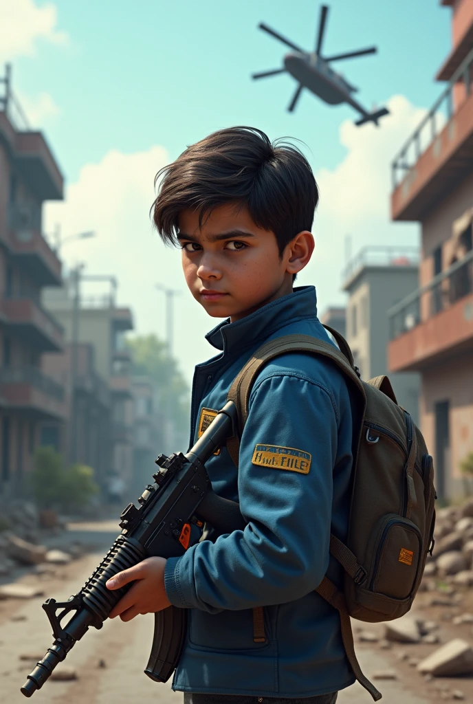 A make a hyper realistic image a 1 boy playing pubg on roard the character wearing blue jacket , yogesh rathore name on the jaket, the character holding m416 gum, wearing bag , helicopter in the sky , in background pubg