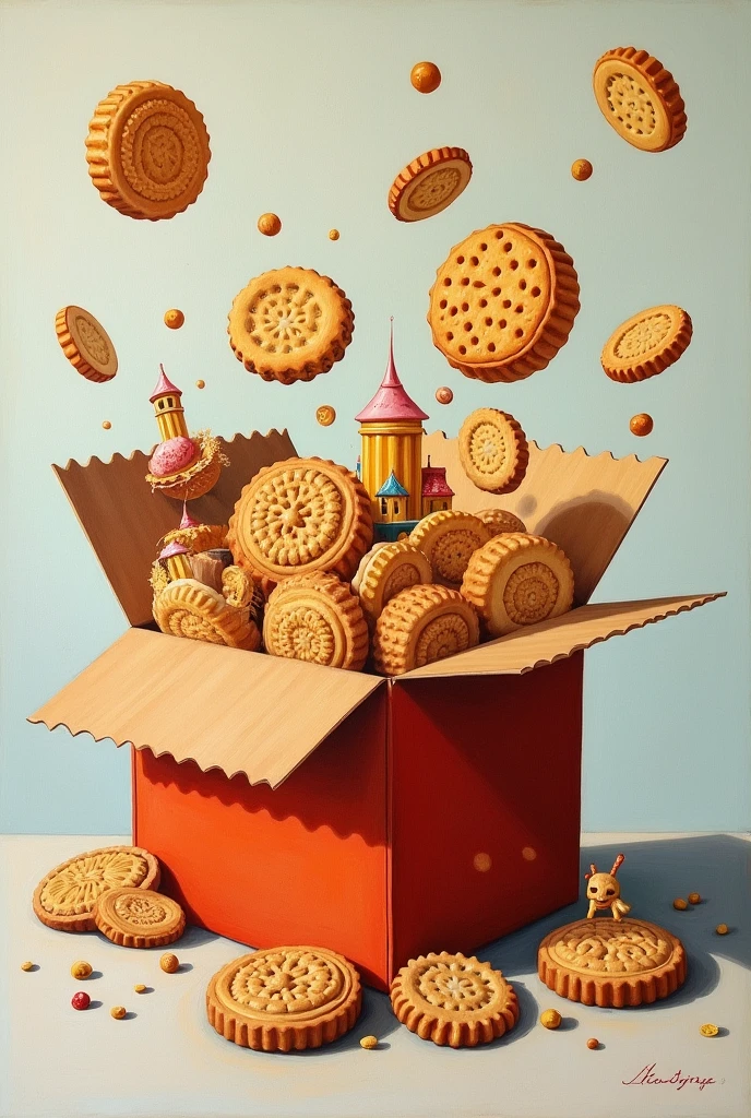 A painting of A small packet of biscuits opened.
Different ome