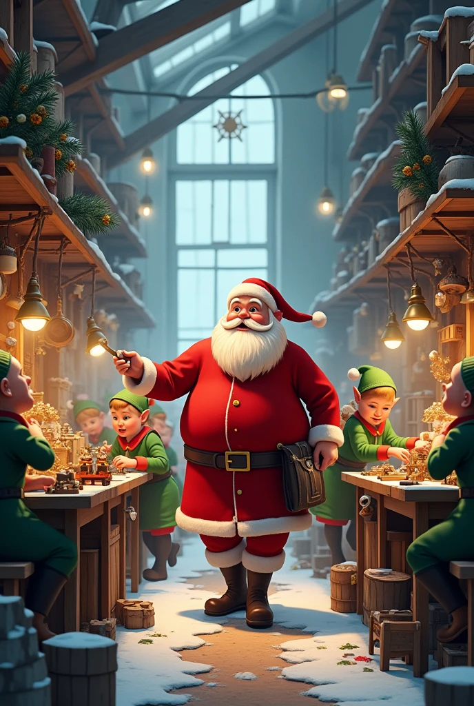 Santa exploring elves in the toy factory