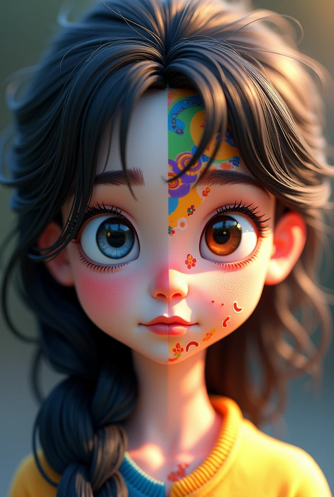 "3D cartoon girl, right half drawn in black and white and left half full of bright colors. The colored half expresses vitality and optimism, while the black and white half reflects calmness and depth.. Her facial expressions have a hint of contemplation, as if she lives in two different worlds.. The image is extremely beautiful and captures the diversity of life and the beauty of the contrast between black and white and colors.