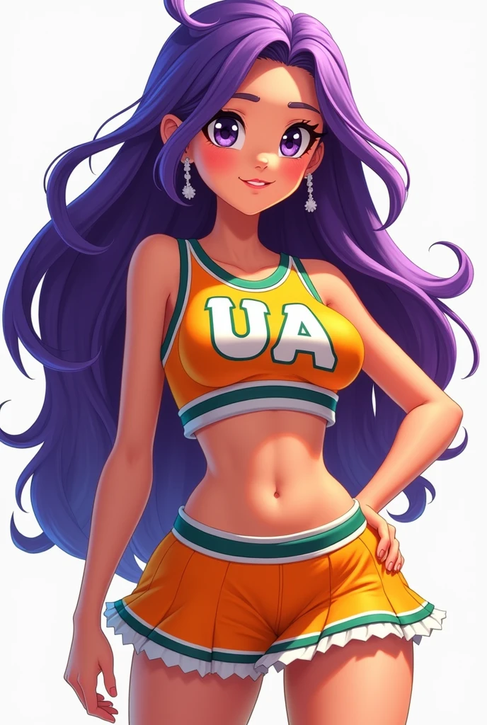 Imagine a busty animated girl,butt and long purple hair,with an orange cheerleader outfit with white and green on the top it will say UA and will have a short skirt