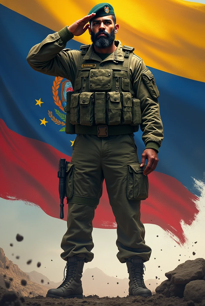 Strong, bearded mixed-race soldier, dressed in the olive green camouflage combat uniform, with a beret on his head and boots on his feet, saluting the flag of El Salvador.