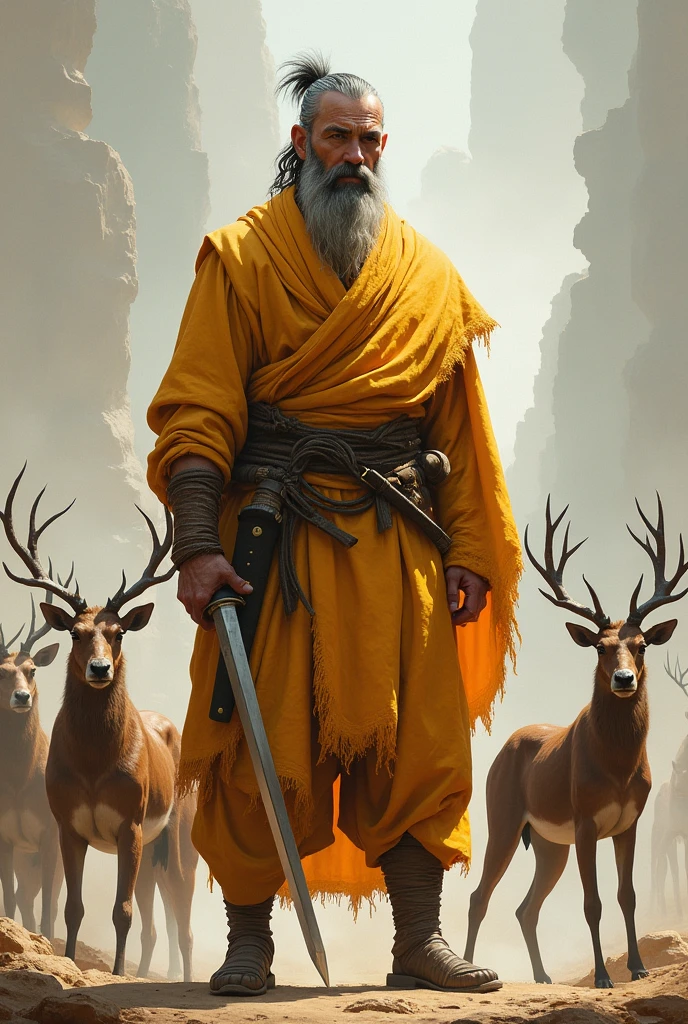 A warrior is standing, a sword is hanging on his waist and he is wearing light saffron clothes. Picture Some animals are standing