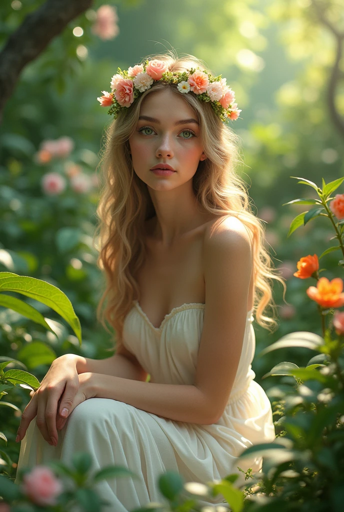 a beautiful young girl, detailed face, long wavy hair, green eyes, cute expression, flower crown, white dress, sitting in a lush garden, sunlight filtering through the leaves, vibrant colors, detailed foliage, (best quality,4k,8k,highres,masterpiece:1.2),ultra-detailed,(realistic,photorealistic,photo-realistic:1.37),cinematic lighting,intricate details,detailed textures,fantasy,digital painting