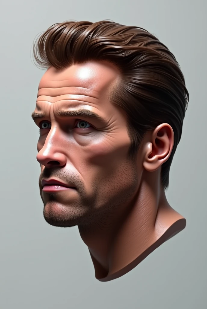 2d flat Photorealistic image capturing the exact right profile head of Arnold Schwarzenegger. The image should be highly detailed, showing the full side view of the face, including the ear, jawline, and neck, with accurate anatomical proportions. The subject is positioned with their head facing forward and perpendicular to the camera, under soft, even lighting to minimize shadows. The background is neutral, and the camera is set at eye level with a telephoto lens to avoid distortion. The resulting image should be suitable for precise anatomical measurements. exactly Arnold Schwarzenegger in terminator 2 artstation sculpture