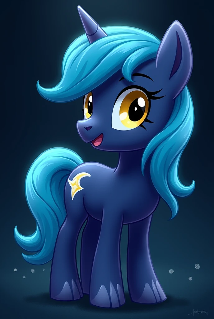 Design a《My Little Pony》Role, colt (male),unicorn pony,Dark blue fur,Has neat cyan hair,Yellow eyes,The cutie mark is a white crescent moon and a star,dark background。