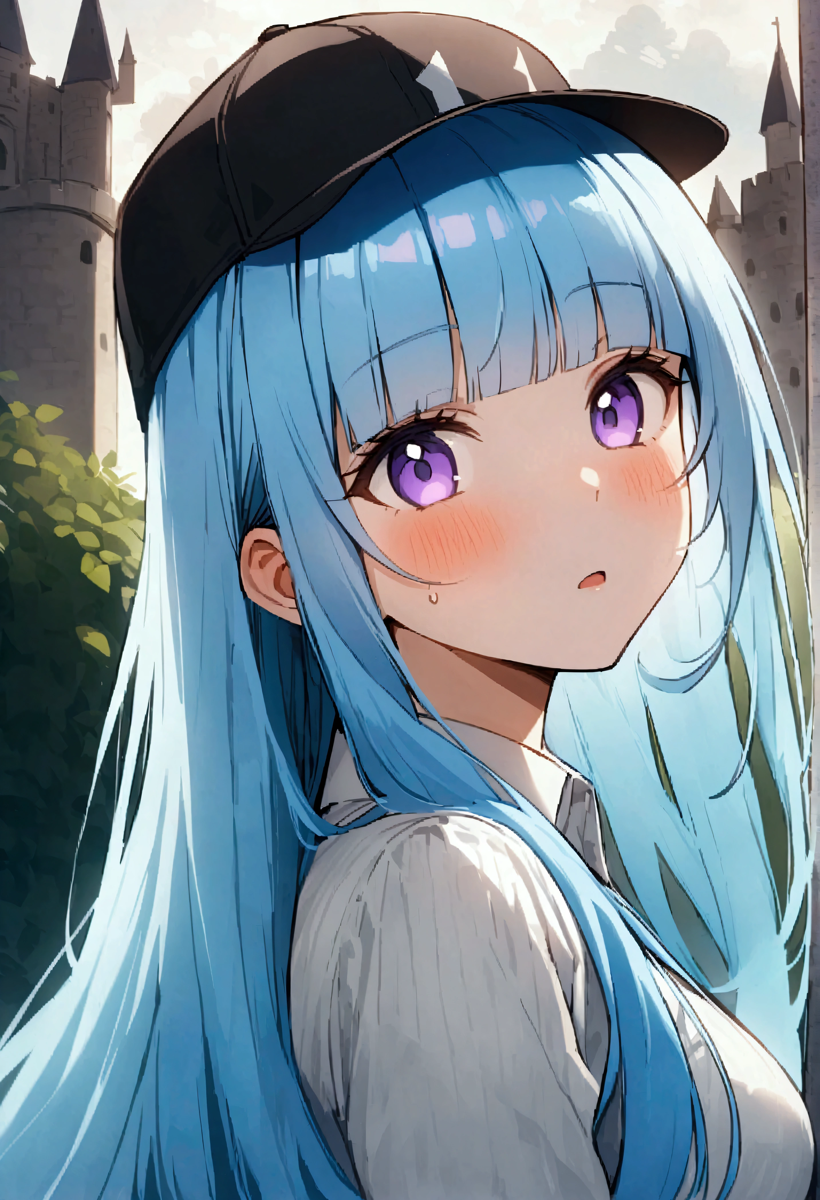 score_9_up、score_8_up、score_7_up、rating_safe、Solo Focus、Dynamic Pose、Portrait、head shot、、Expressiveh、One person、、Memes \(Me!Me!Me!\)、Very long hair、Light blue hair、Blunt bangs、Purple Eyes、Large Breasts、、Rear-facing hat、Baseball cap、Outdoor、A castle in the background、cloudy、
