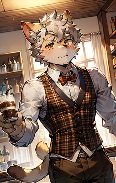 hairy、Men、Ultra-HD 4K Fan Art、Siamese cat、Brown plaid vest、Gray long sleeves、Light hair、Brown pants,Drink coffee