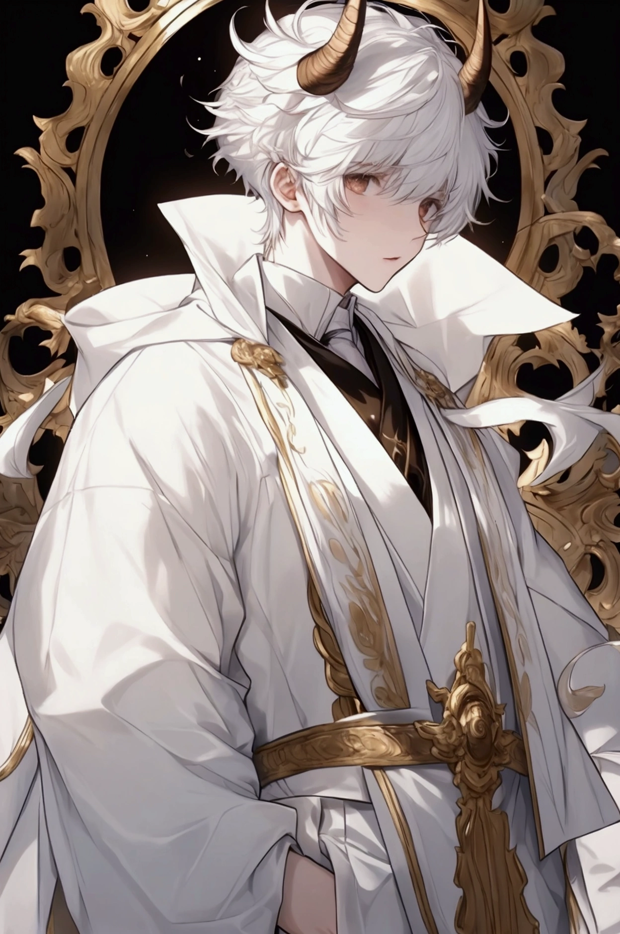 White-haired teenager，There are short brown horns on the head，Wearing a white sports suit，Delicate boy face，20 years old，