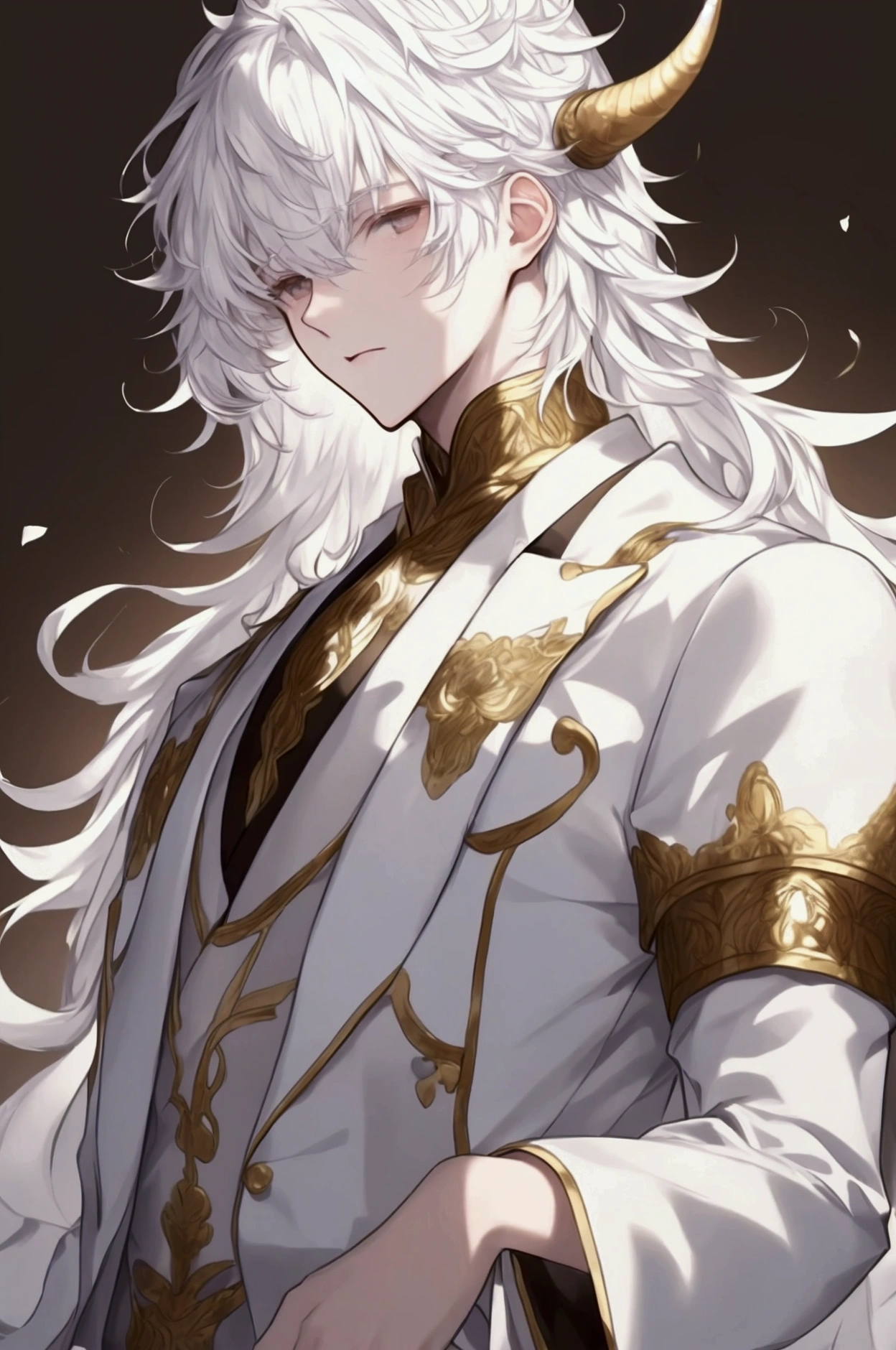 White-haired teenager,There are short brown horns on the head,Wearing a white sports suit,Delicate boy face,20 years old,
