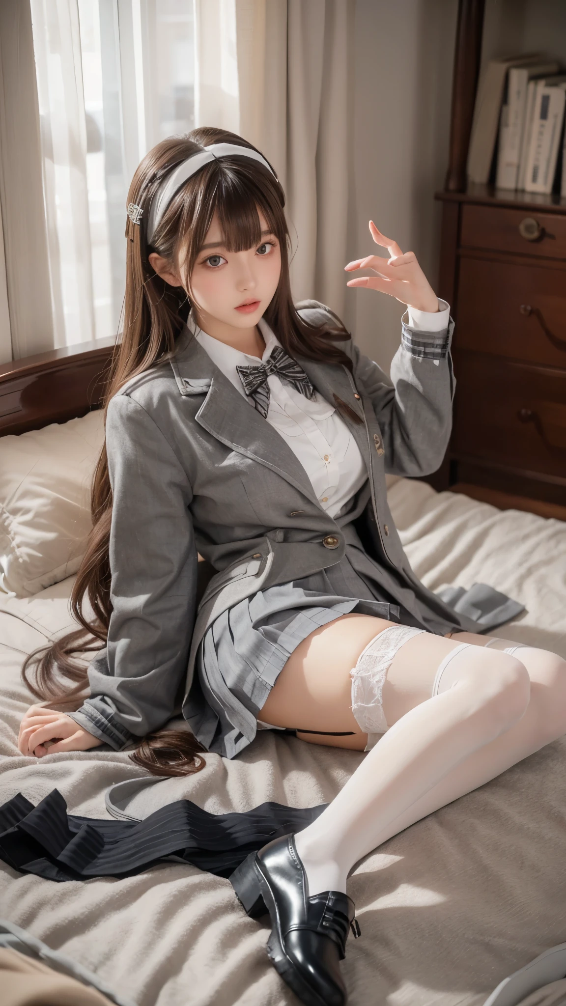 on bed futsumashoujocharlotte, large breasts, long hair,  blunt bangs, brown hair, grey eyes, school uniform, garter straps, pleated skirt, white thighhighs, cross on hairband, black footwear,  shoes, jacket, long sleeves, black skirt, blazer, zettai ryouiki,